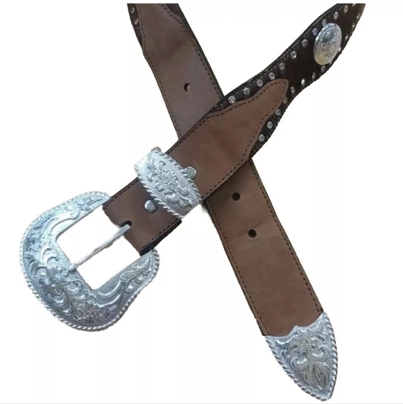 Nocona Hair On Hide Leather Belt  Conchos Rhinestone Bling Brown Woman M Western